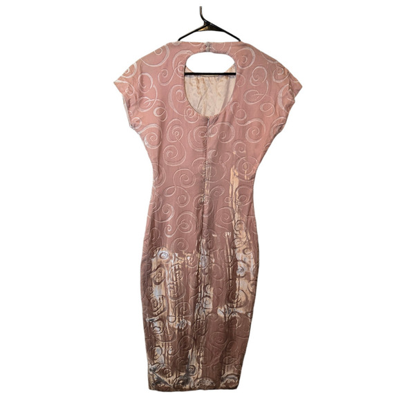 Vintage 80s Pink Velvet Dress with Abstract Swirl Pattern  Keyhole Retro Glam - Picture 5 of 9